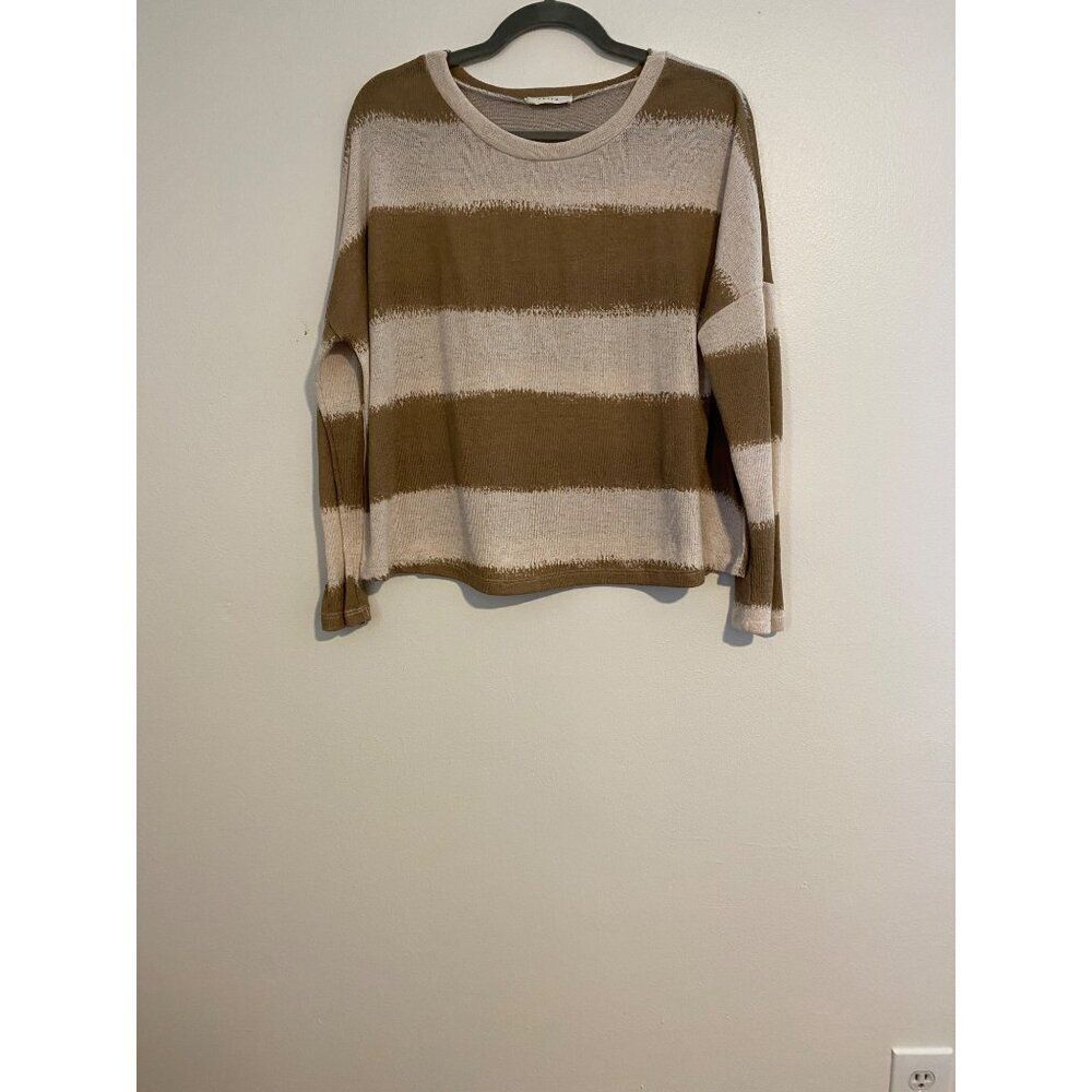 Entro Womens Striped Long Sleeve Sweater Top Brown & Beige Large Casual Comfy